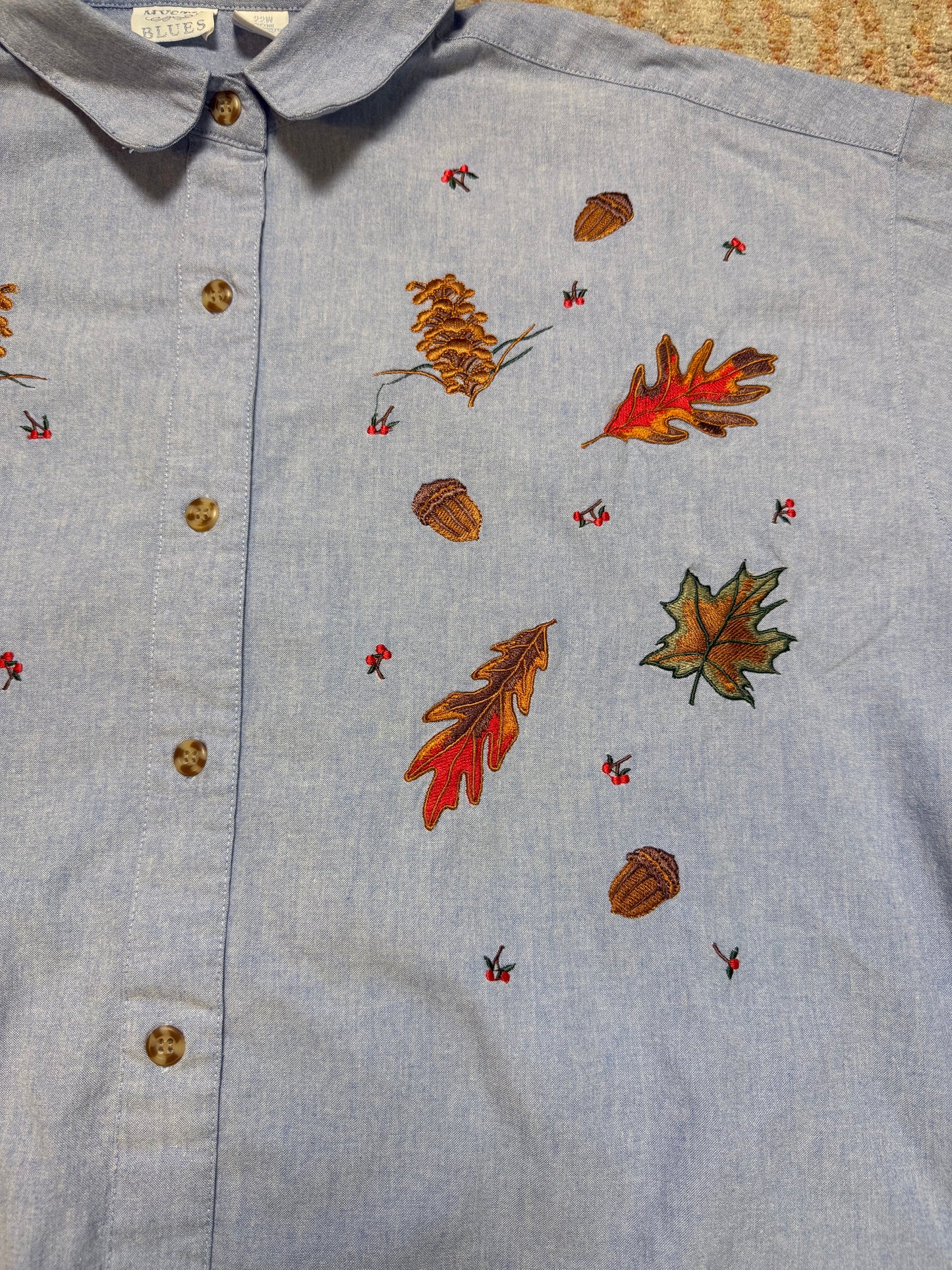 Mystic Blues Embroidered Fall Leaves Shirt