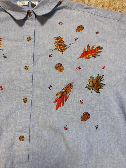 Mystic Blues Embroidered Fall Leaves Shirt