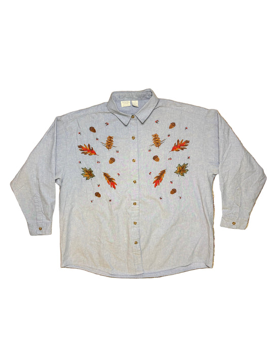 Mystic Blues Embroidered Fall Leaves Shirt